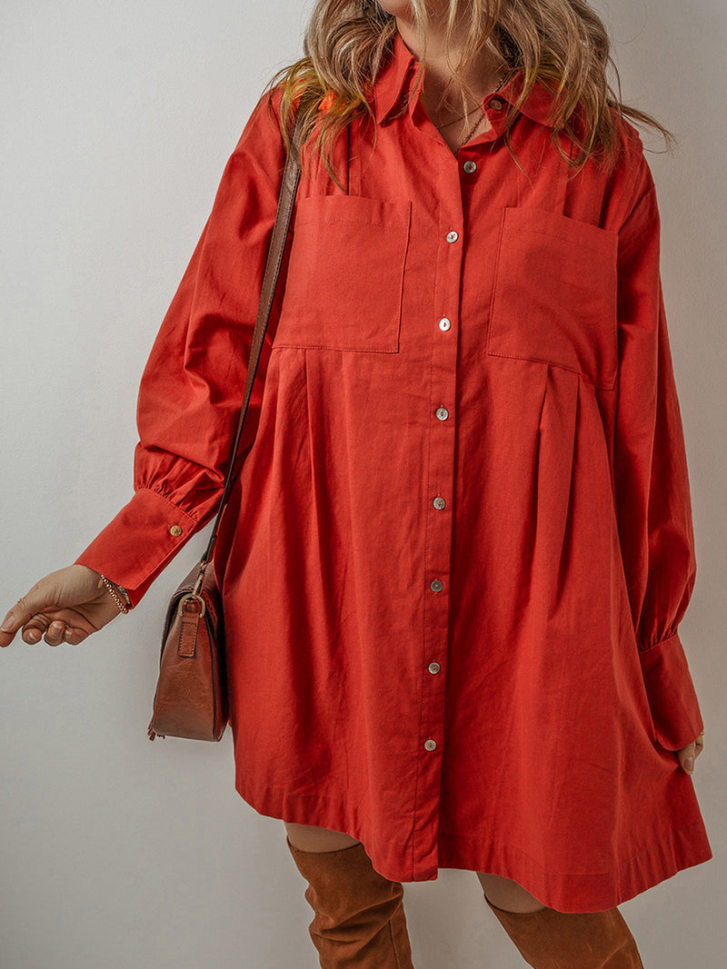 Pocketed Button Down Long Sleeve Shirt Dress