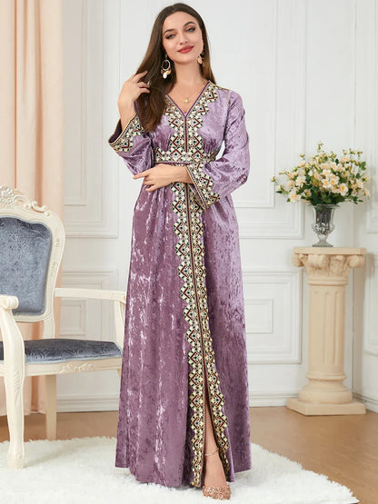 Luxury Pink Velvet Floral Weaving Moroccan Kaftan
