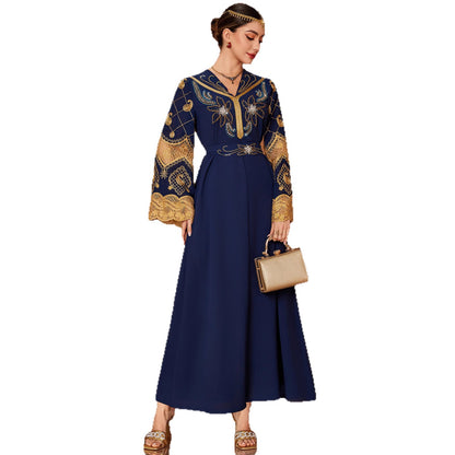 Embroidered Hand-Sewn Diamond V Neck Long Dress