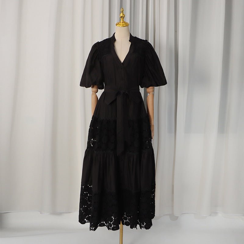 Luxury Puff Sleeve Black Long Dress