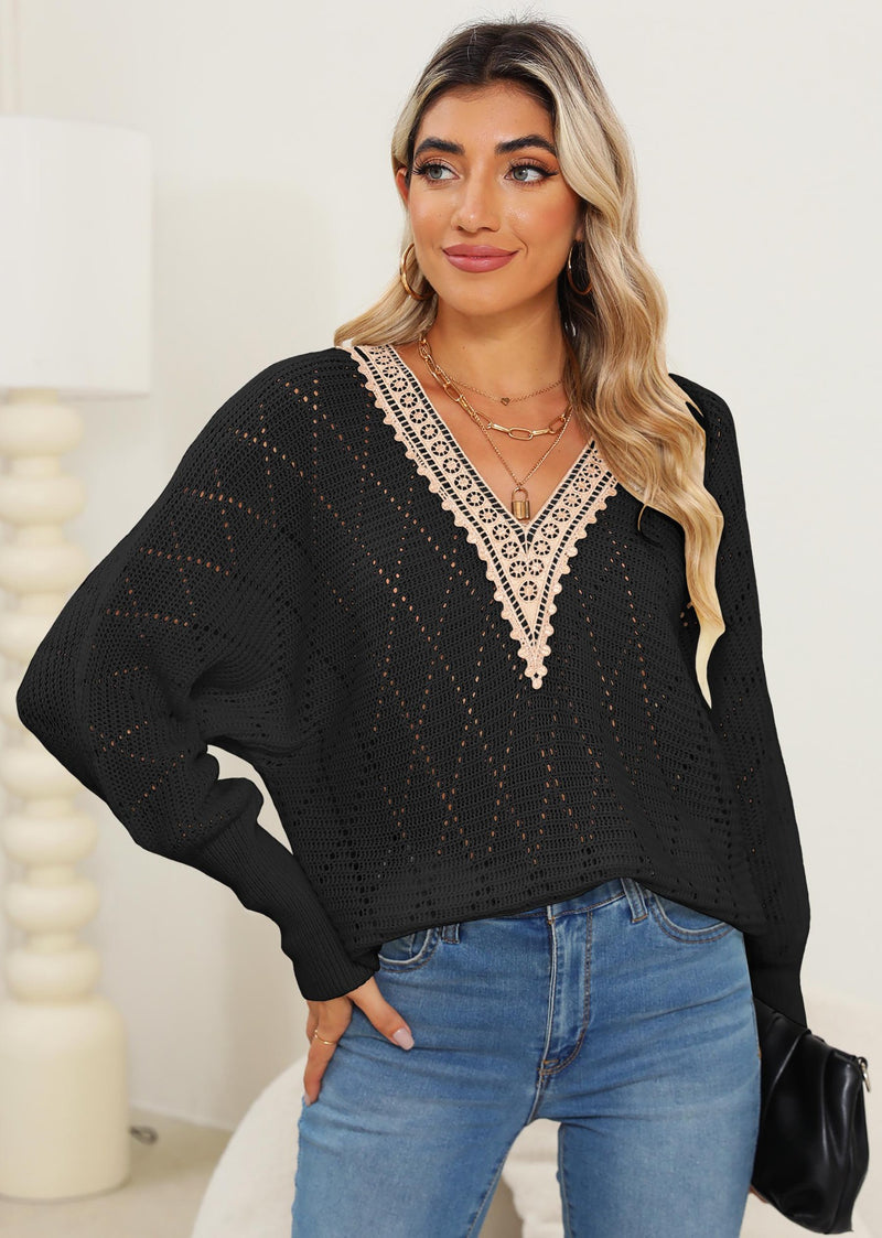 Lace Detail V-Neck Long Sleeve Black Sweater