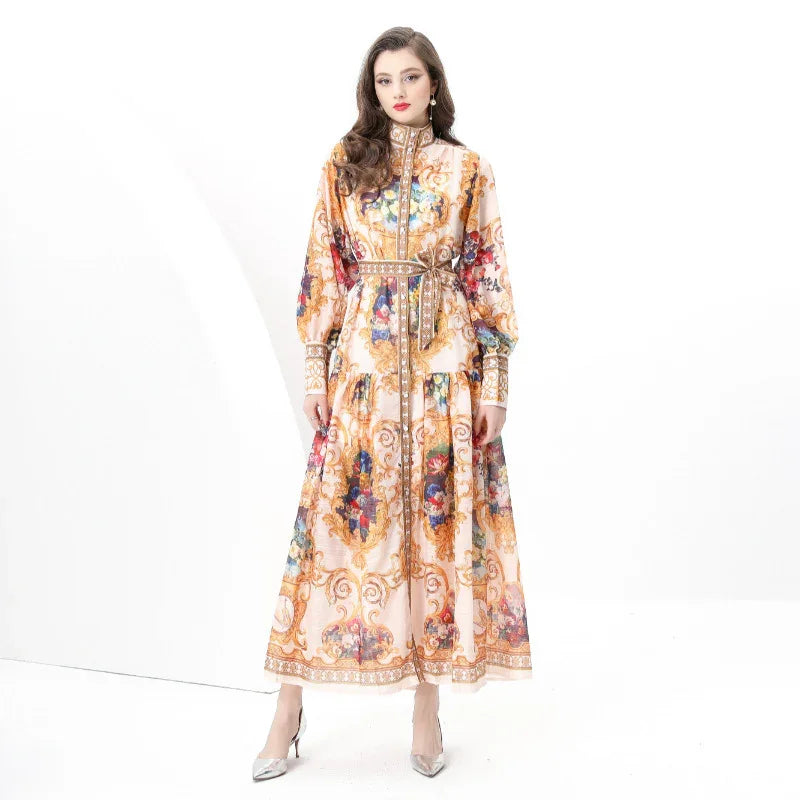 Court Style Lantern Sleeve Strap Waist Luxury Gold Dress