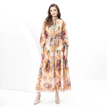 Court Style Lantern Sleeve Strap Waist Luxury Gold Dress