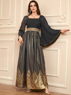 Elegant Floral Embossed Arabian Black Maxi Dress