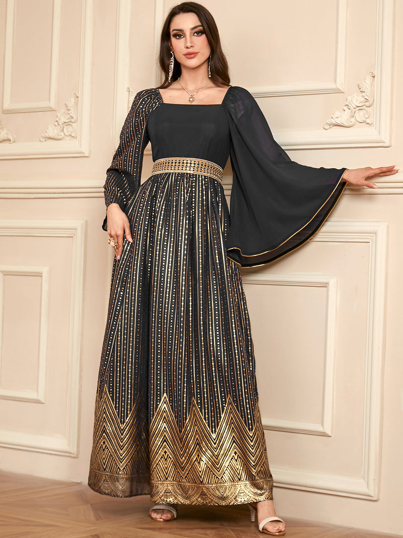 Elegant Floral Embossed Arabian Black Maxi Dress