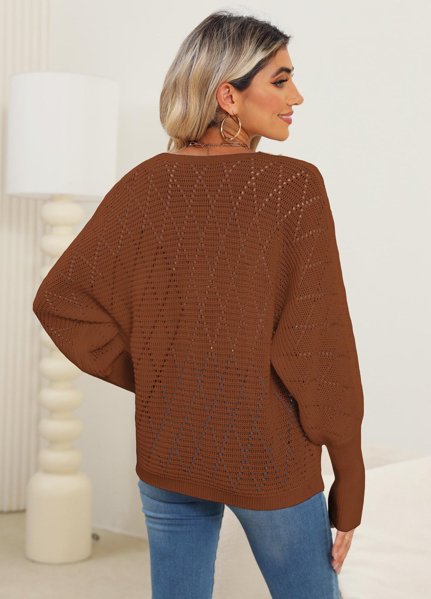 Lace Detail V-Neck Long Sleeve Deep Camel Sweater
