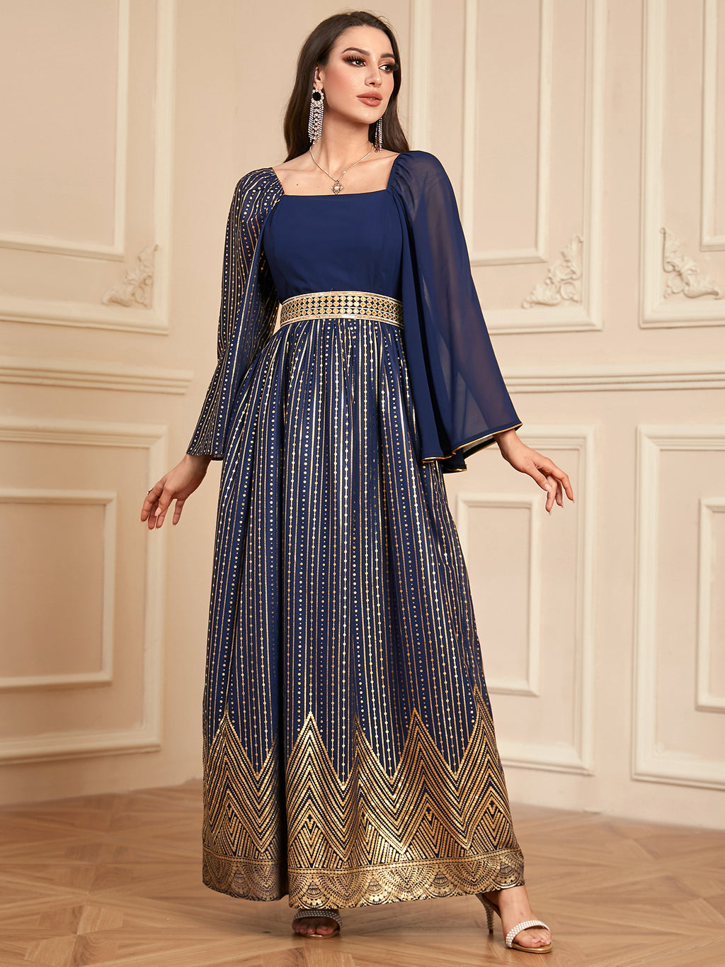 Elegant Floral Embossed Arabian Royal Blue Maxi Dress
