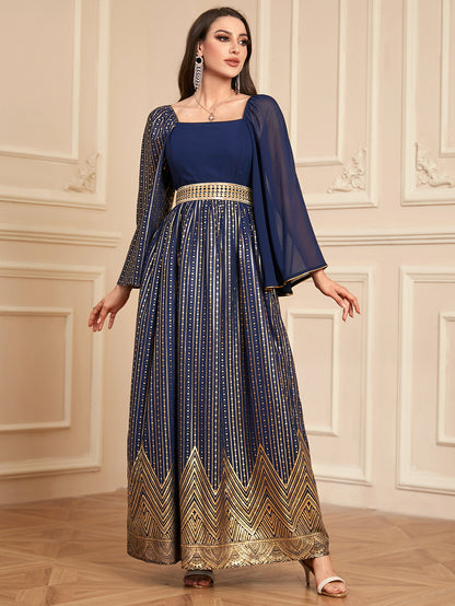 Elegant Floral Embossed Arabian Royal Blue Maxi Dress