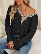 Lace Detail V-Neck Long Sleeve Black Sweater