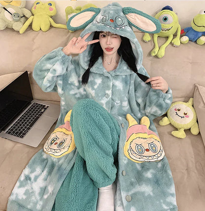 Thickeneded Velvet Flannel Warmth Light green  Cute Pajama