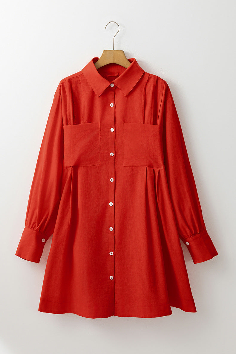 Pocketed Button Down Long Sleeve Shirt Dress