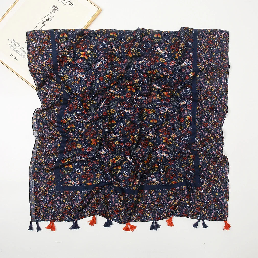 Cotton Linen Retro Starry Night Floral Long Scarf