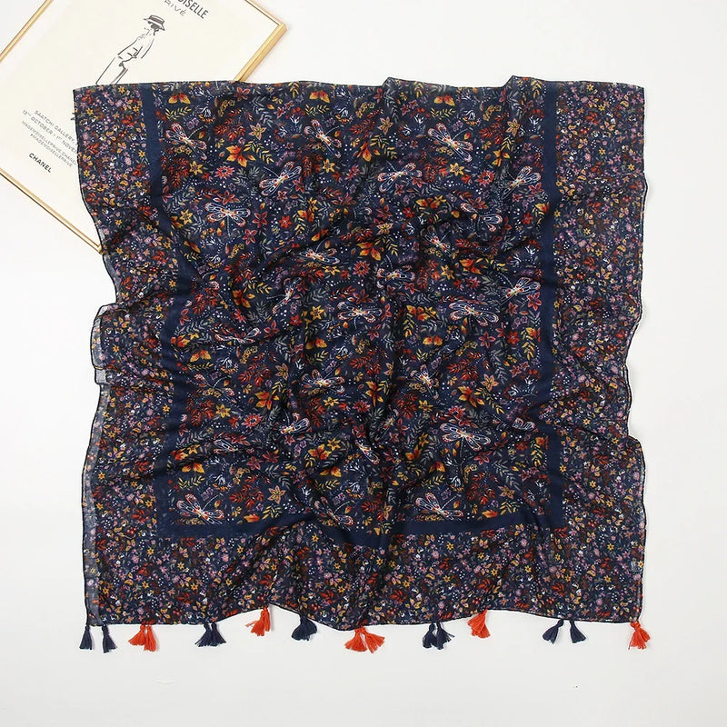 Cotton Linen Retro Starry Night Floral Long Scarf