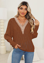 Lace Detail V-Neck Long Sleeve Deep Camel Sweater
