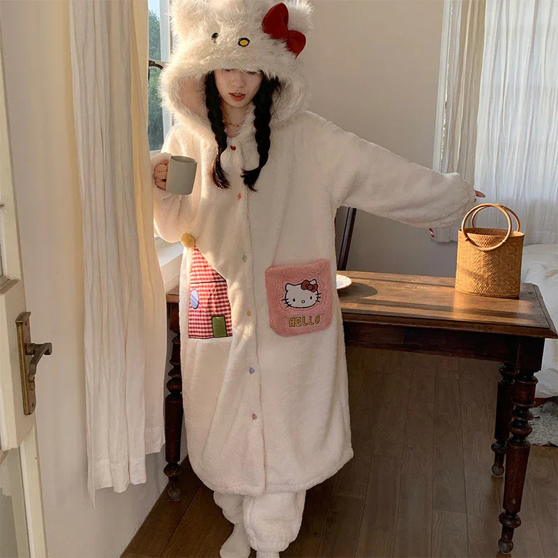 Thickeneded Velvet Flannel Warmth Red Bow kt Cat Cute Pajama