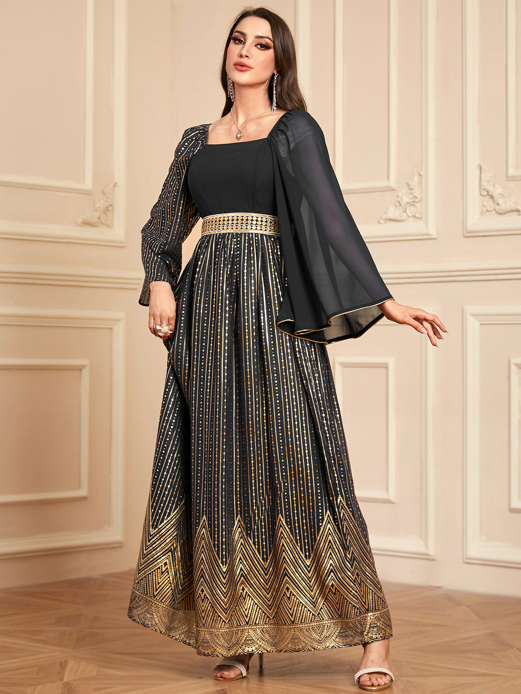 Elegant Floral Embossed Arabian Black Maxi Dress