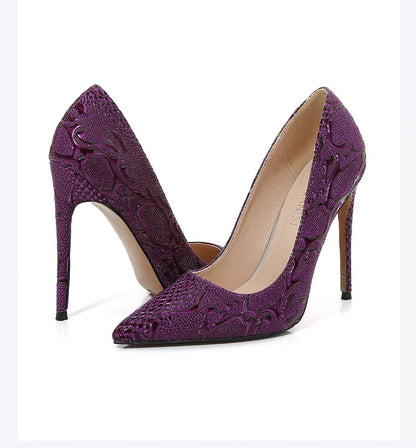 Embossed Snake Ultra High Heels Purple Pumps
