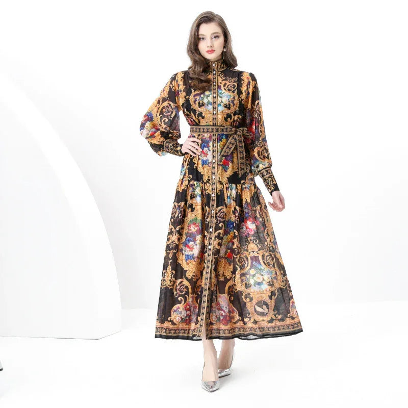 Court Style Lantern Sleeve Strap Waist Luxury Black Dress