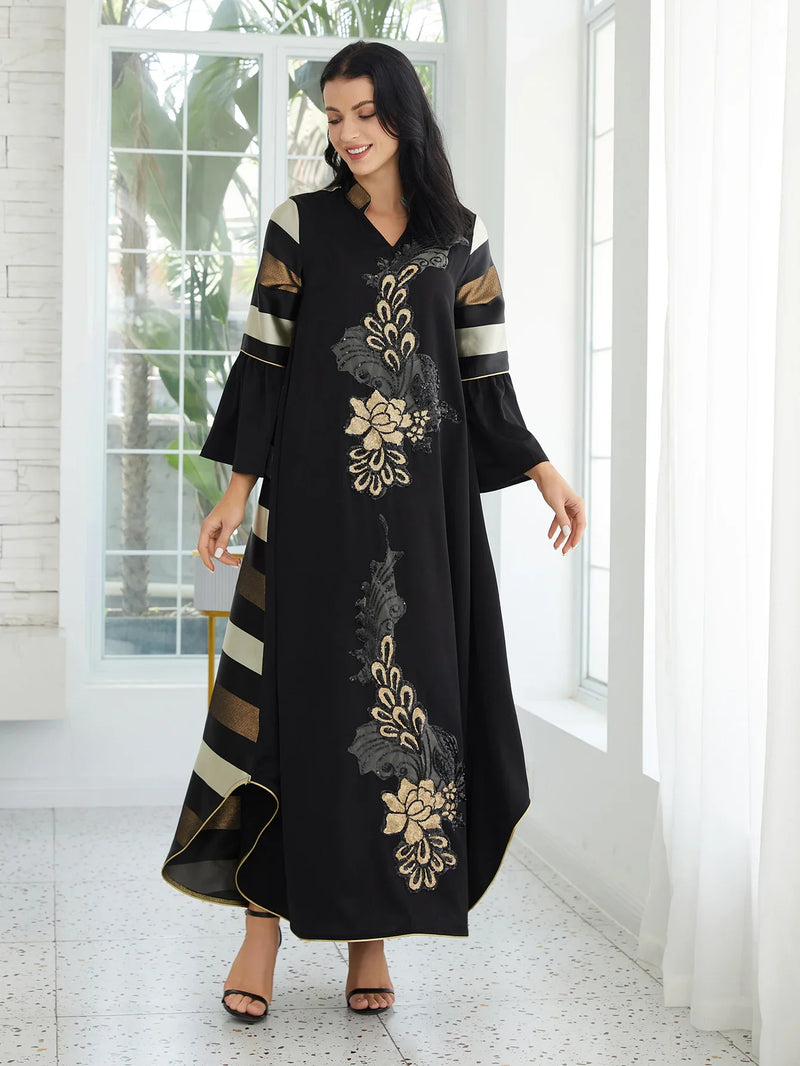 Patchwork Striped Black Long Jalabiya