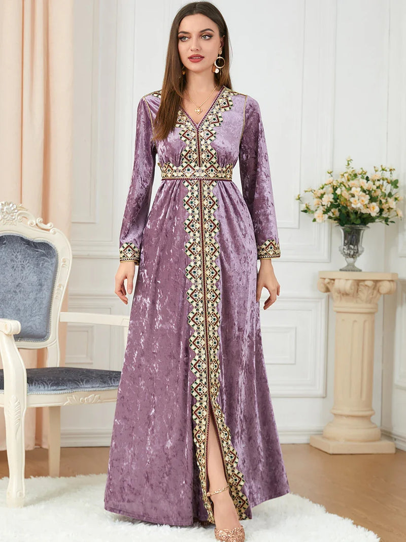 Luxury Pink Velvet Floral Weaving Moroccan Kaftan