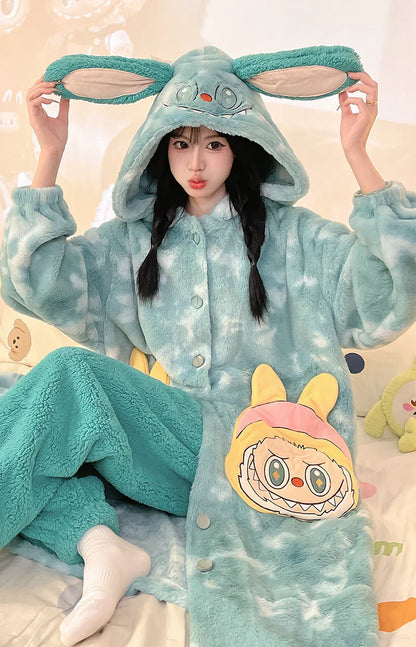 Thickeneded Velvet Flannel Warmth Light green  Cute Pajama
