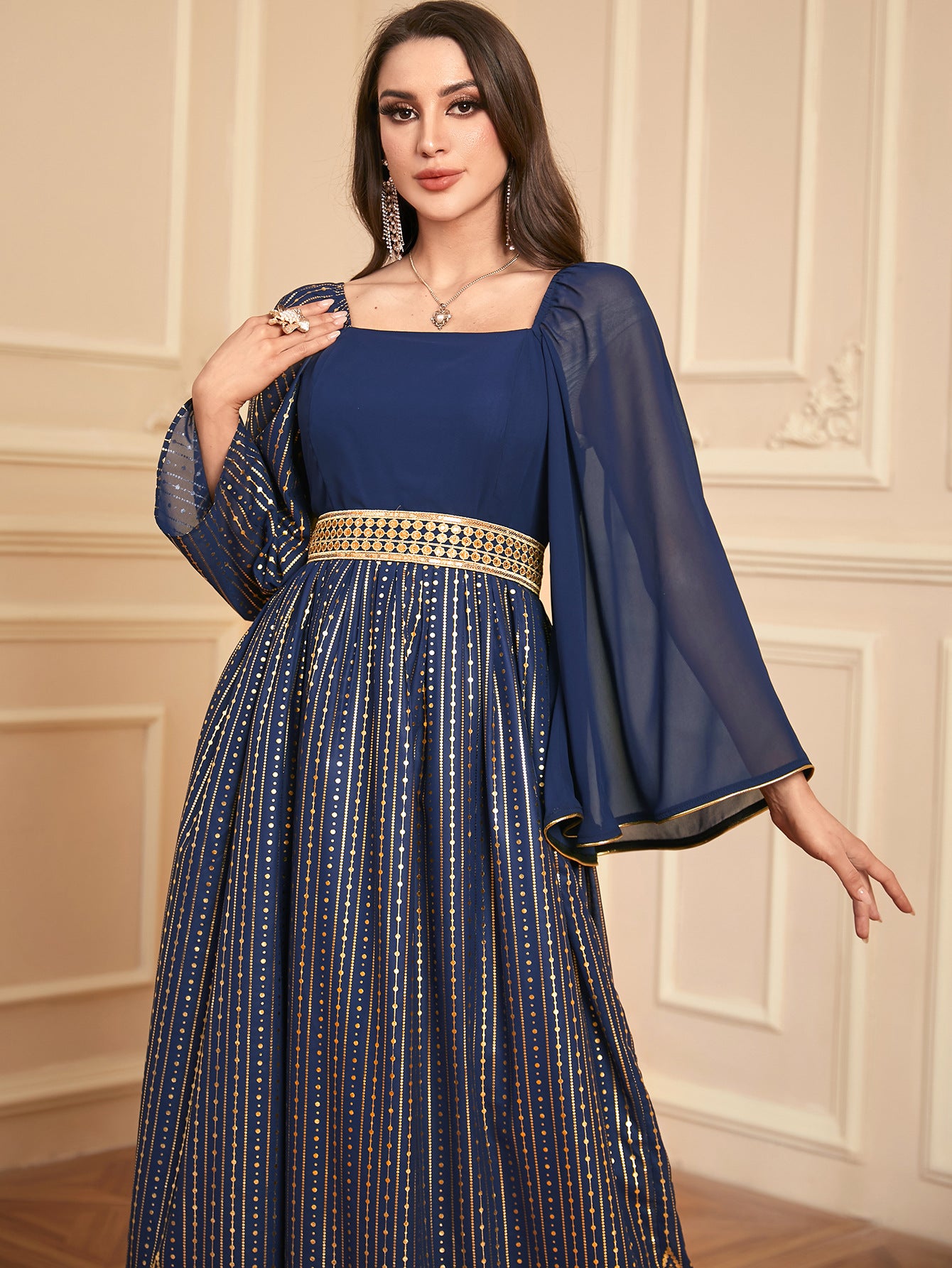 Elegant Floral Embossed Arabian Royal Blue Maxi Dress
