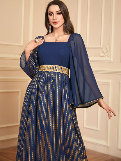 Elegant Floral Embossed Arabian Royal Blue Maxi Dress