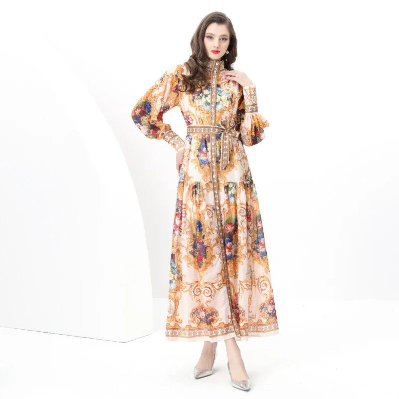 Court Style Lantern Sleeve Strap Waist Luxury Gold Dress