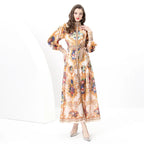 Court Style Lantern Sleeve Strap Waist Luxury Gold Dress