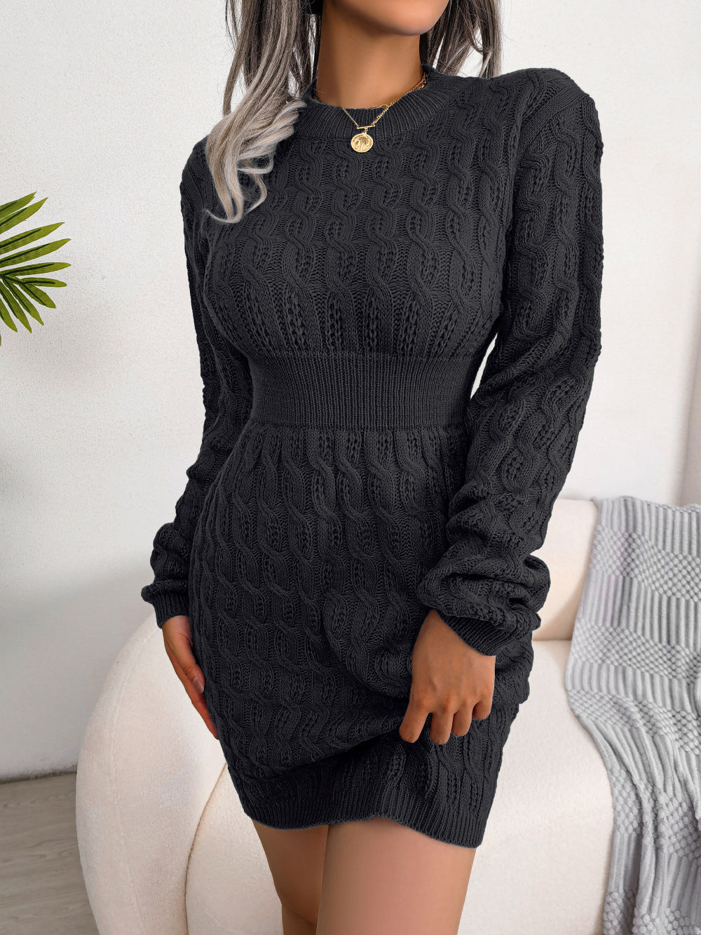 Cable-Knit Openwork Black Sweater Dress