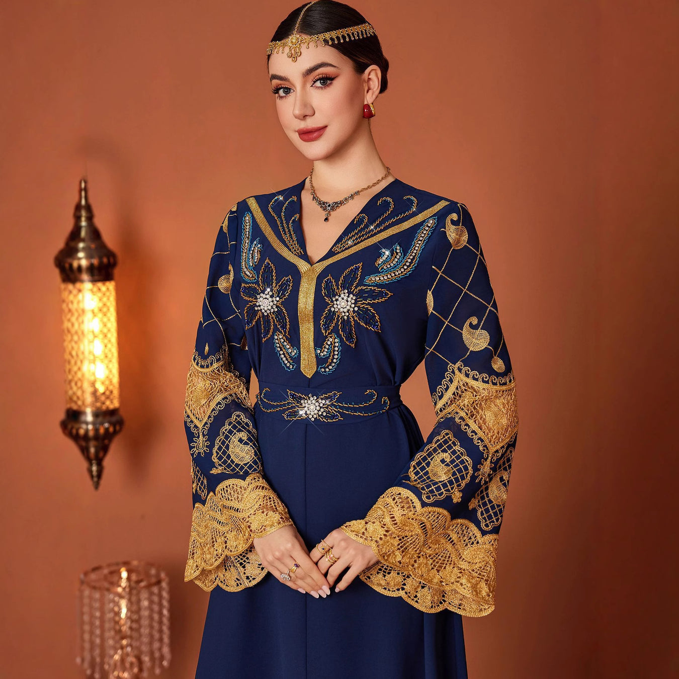 Embroidered Hand-Sewn Diamond V Neck Long Dress