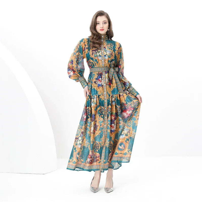 Court Style Lantern Sleeve Strap Waist Luxury Green Dress