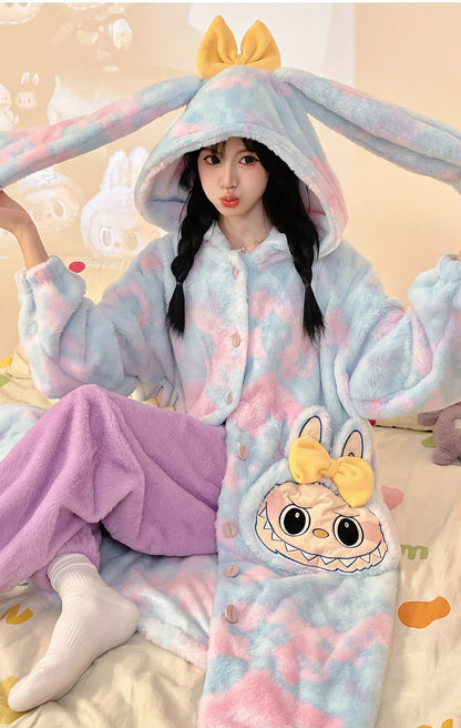 Thickeneded Velvet Flannel Warmth Blue and purple Cute Pajama