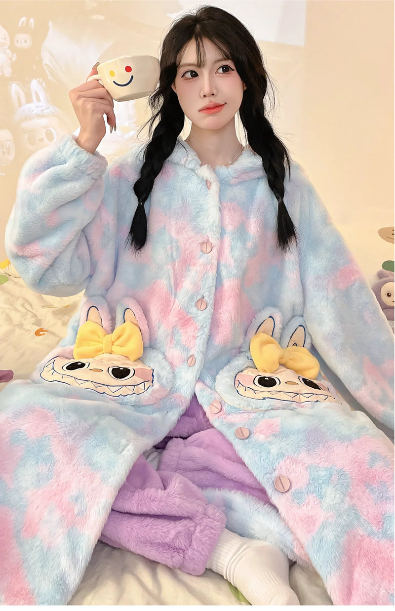 Thickeneded Velvet Flannel Warmth Blue and purple Cute Pajama