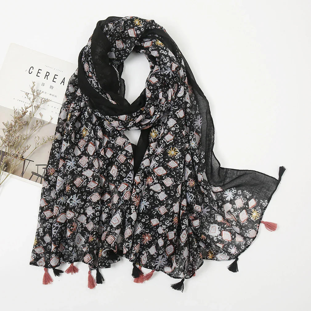 Cotton Linen Retro Jet Black Long Scarf