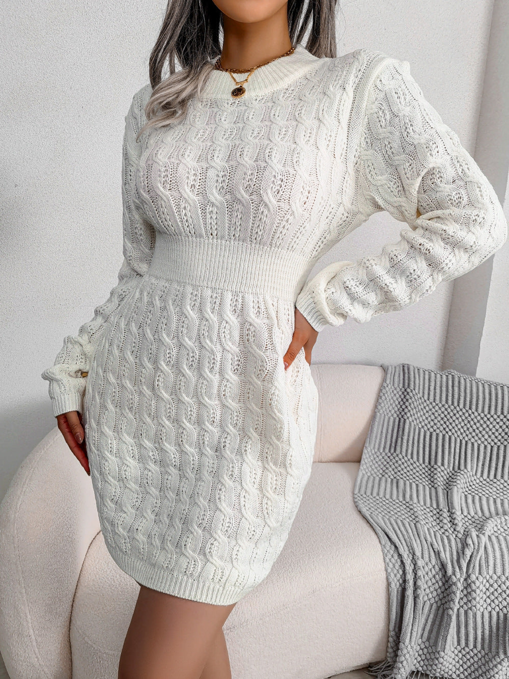 Cable-Knit Openwork White Sweater Dress