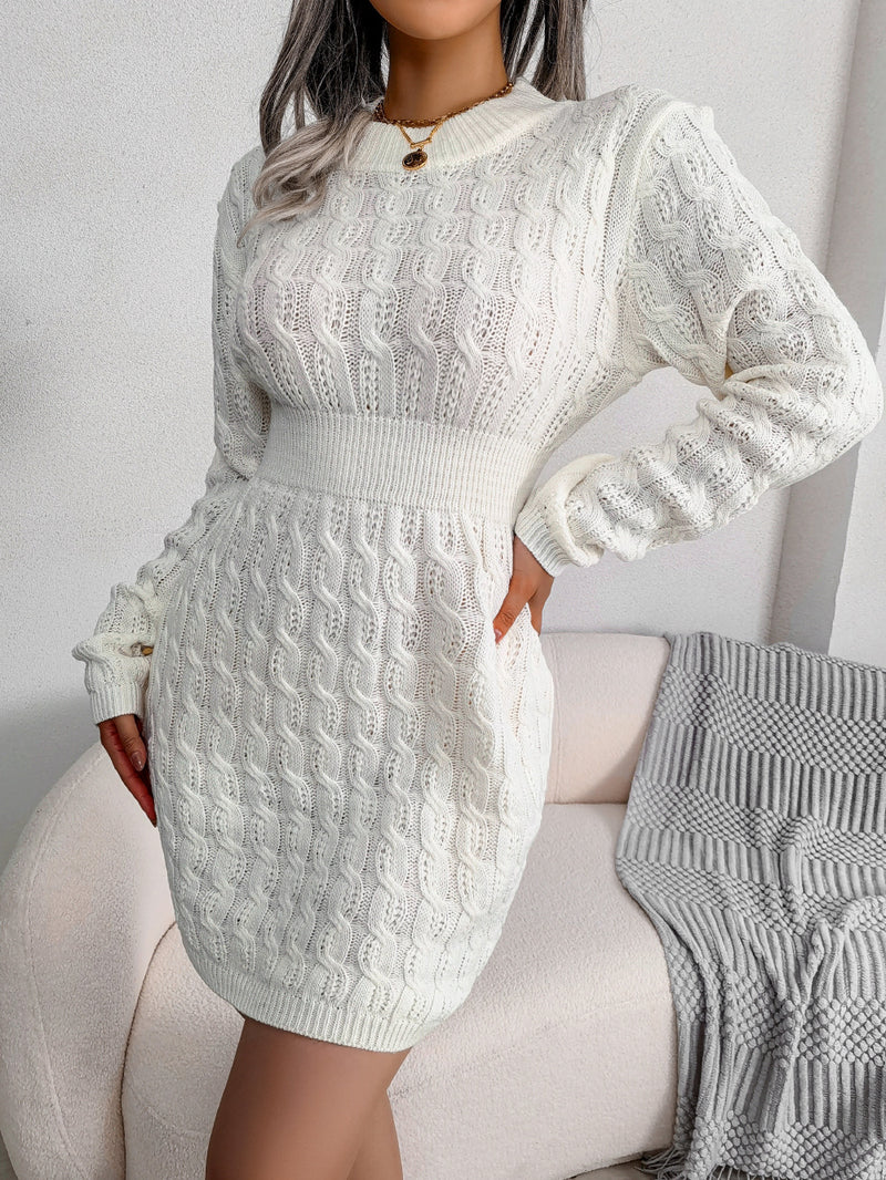 Cable-Knit Openwork White Sweater Dress