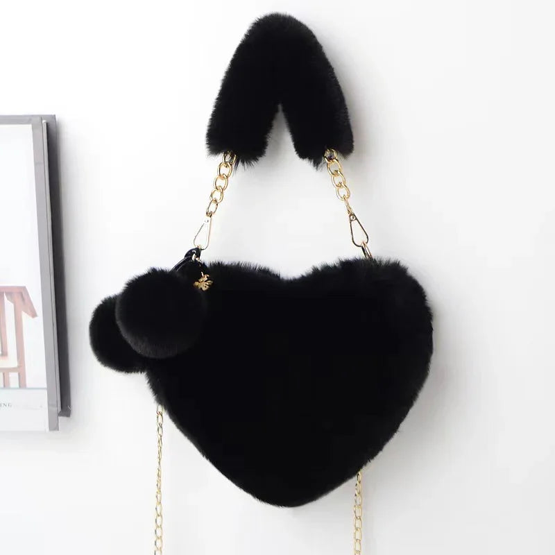 Korean Style Black Love Chain Fluff Bag