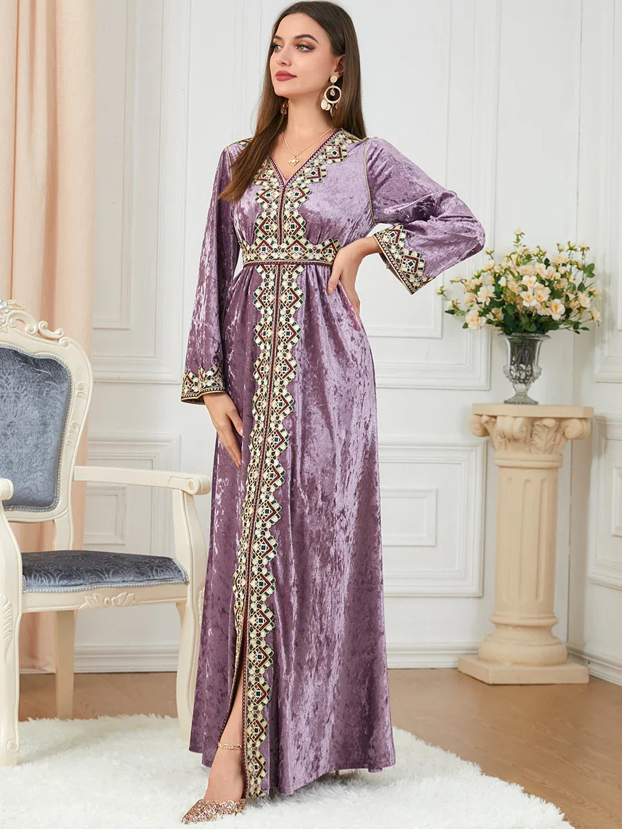 Luxury Pink Velvet Floral Weaving Moroccan Kaftan
