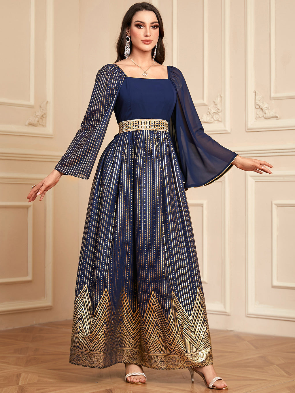 Elegant Floral Embossed Arabian Royal Blue Maxi Dress