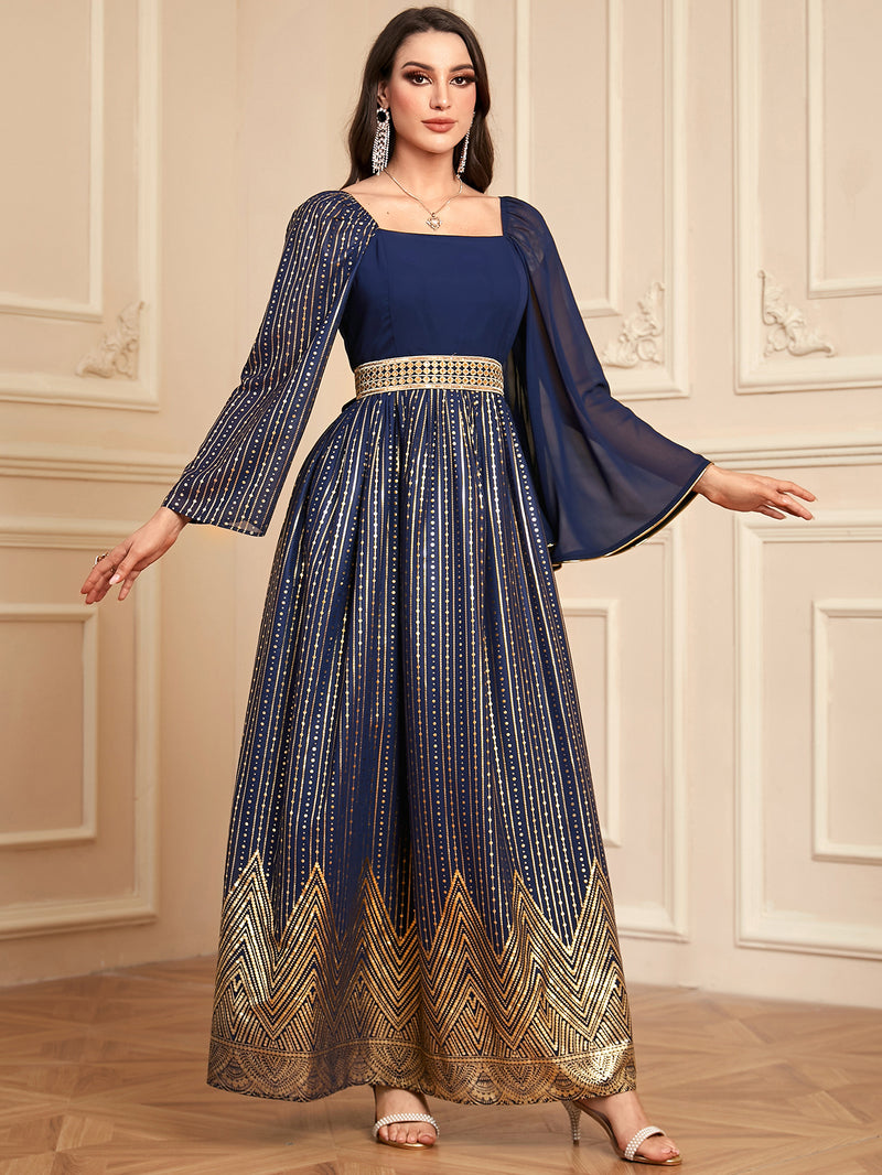 Elegant Floral Embossed Arabian Royal Blue Maxi Dress