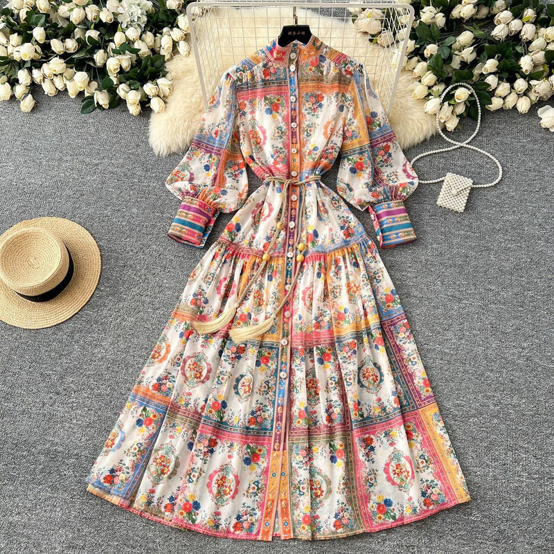 Elegant Stand Collar Printed Pleated Vintage Dress