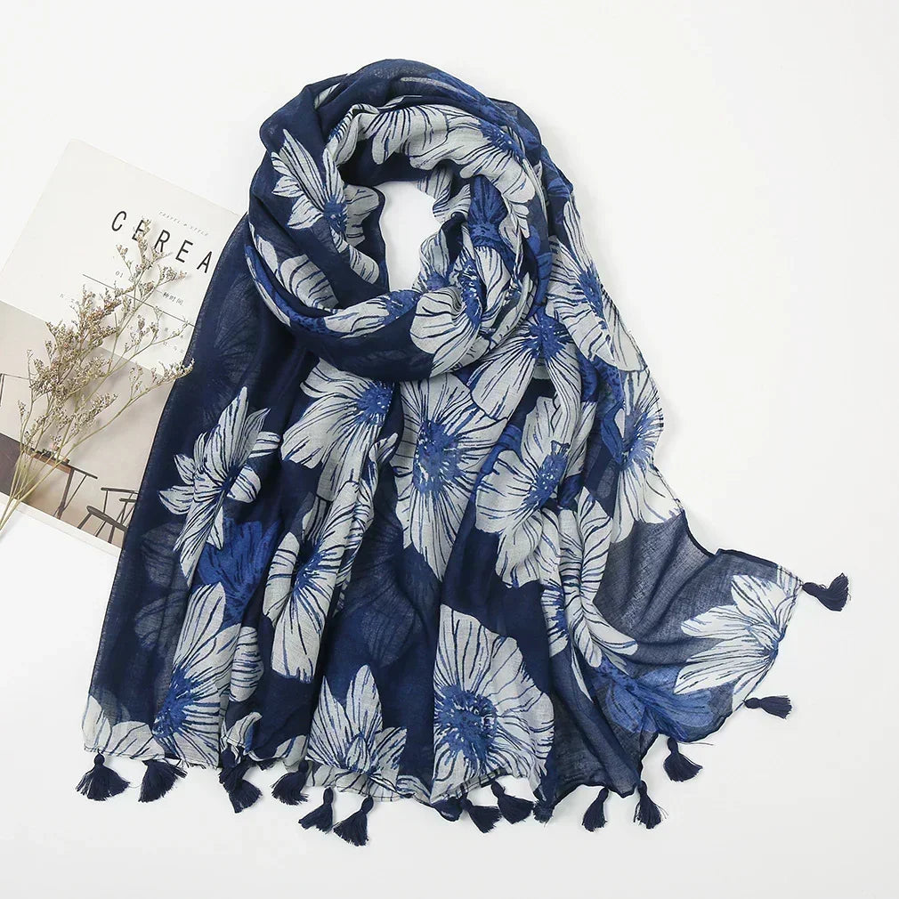 Vintage Stitching Bohemian Cashew Navy Blue Floral Scarf
