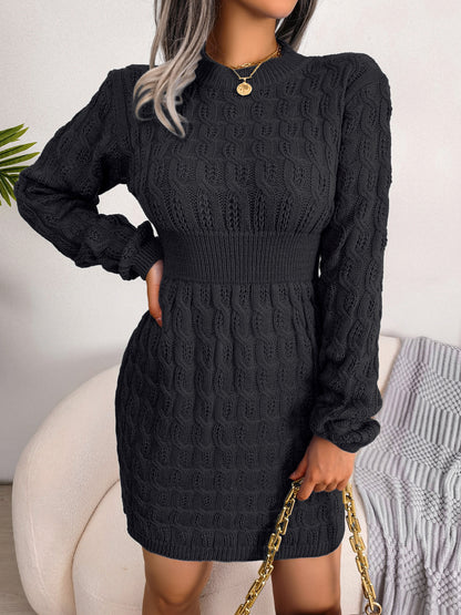 Cable-Knit Openwork Black Sweater Dress