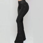 Elastic Floor-Length Flared Black Jeans