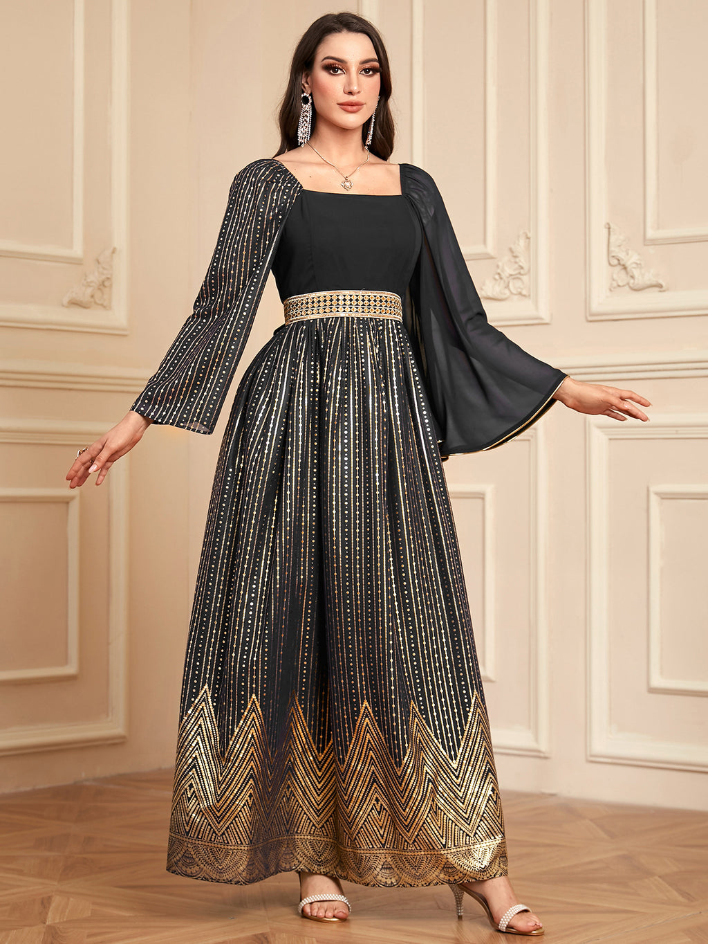 Elegant Floral Embossed Arabian Black Maxi Dress