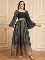 Elegant Floral Embossed Arabian Black Maxi Dress