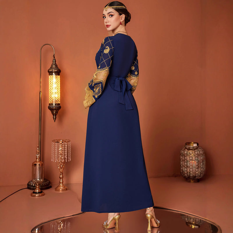 Embroidered Hand-Sewn Diamond V Neck Long Dress