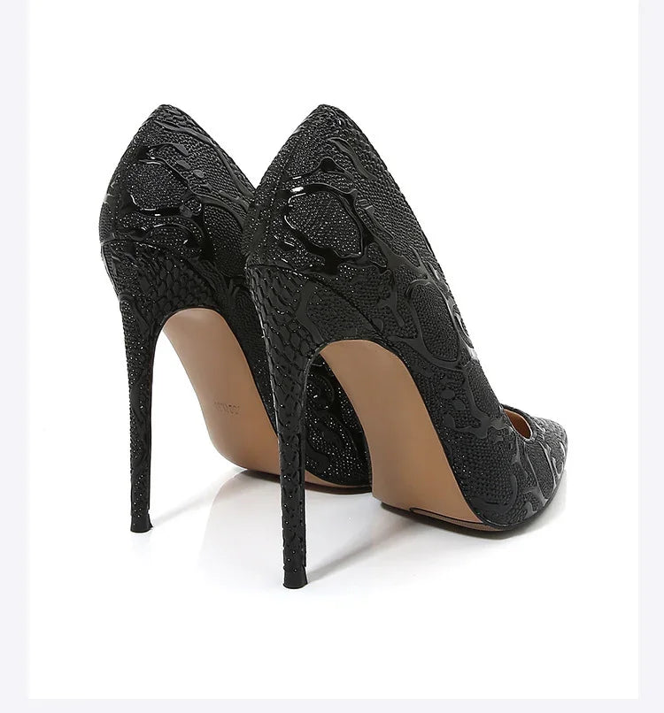 Embossed Snake Ultra High Heels Black Pumps