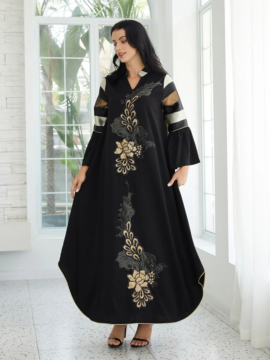 Patchwork Striped Black Long Jalabiya